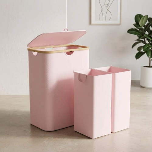odorsTT Pink 160L Large Double Laundry Hamper 2 Section with Lid and Removable Bags,Collapsible Clothes Basket with Bamboo Handles,for Bedroom, Bathroom and Laundry Room