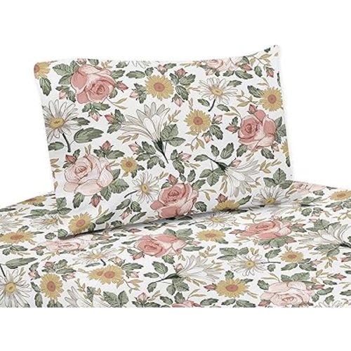 Sweet Jojo Designs Vintage Floral Boho Twin Sheet Set - 3 Piece Set - Blush Pink, Yellow, Green and White Shabby Chic Rose Flower Farmhouse