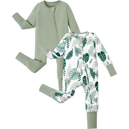PATPAT Baby Footie Romper, Viscose from Bamboo, Long Sleeve, 2-Way Zipper, Fold-Over Mittens, Cuffs & Anti-Slip Grips