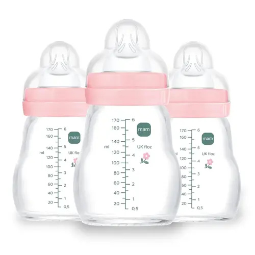MAM Premium Glass Baby Bottles, Easy Switch Between Breast and Bottle, Feel Good Slow Flow, Newborn Essentials Must Have, 0+ Months, BPA Free, 6oz, Girl, 3 Pack