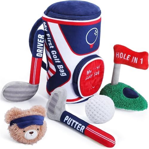 teytoy My First Baby Golf Bag Gift Set, 6 Pcs Baby Golf Toy Sensory Play Set with Plush Club, Ball, Bag, Bear, Fun Birthday Gift for Babies Infants Toddlers