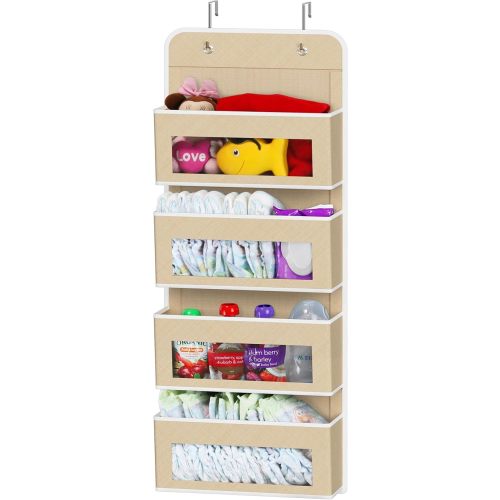 Simple Houseware 4 Clear Window Pocket Over Closet Door Storage Hanging Organizer for Bedroom, Bathroom, Pantry, Beige