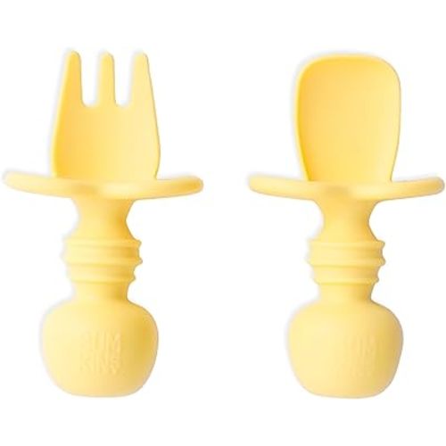 Bumkins Baby Utensils Set, Chewtensils Silicone Spoons for Dipping, Self-Feeding, Baby Led Weaning, Trainer Learning, First Stage Eating, Soft Practice Fork and Spoon, Babies 6 Months, Pineapple