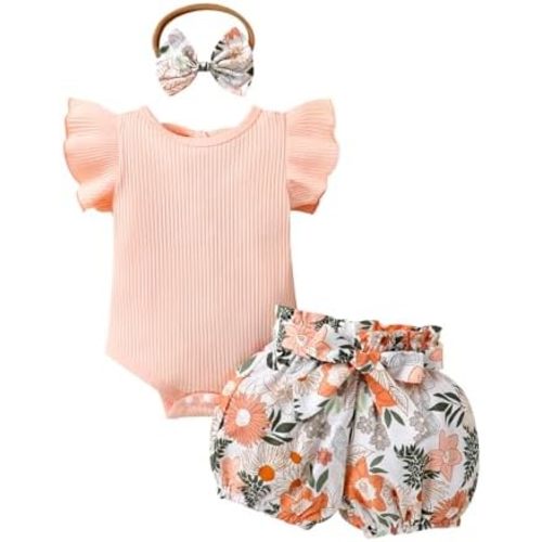 Tiny Cutey Baby Girl Clothes Infant Summer Outfits Set Ruffle Sleeve Romper and Floral Shorts with Headband