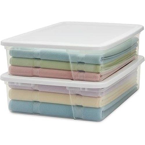 HOMZ 2-Pack Snaplock, Small Clear Plastic Storage Organizer Bins w/ Lids, 28 Quart, White - Stackable Container Boxes for Bedroom, Bathroom, Garage, and Office Organization