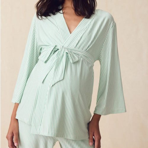 LAKE | Maternity DreamModal™ Kimono Three-Piece Set in Parisian Green Pencil Stripe