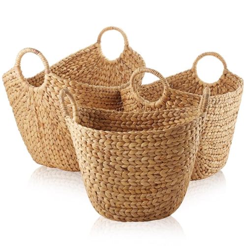 Casafield Set of 3 Multipurpose Boat Baskets with Handles - Natural, Woven Water Hyacinth Storage Organizers for Throw Blankets, Bedroom, Living Room, Laundry : Home & Kitchen