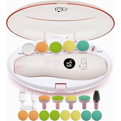 Royal Angels Rechargeable 22 in 1 Baby Nail Trimmer with LCD Display, Labeled Case, 13 Extra Pads, Safe Quiet LED Light Electric Baby Nail File Kit for Newborns Toddlers (WhitePink)