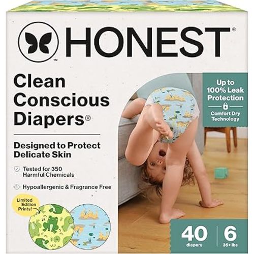 The Honest Company Clean Conscious Diapers®, Up to 100% Leak Protection, Designed to Protect Delicate Skin, Hypoallergenic + Fragrance-Free, UR Ribbiting + Waddle It Be, Club Box, Size 6, 40 Count