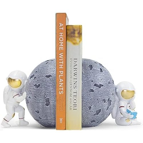Heavy Duty Astronaut Bookends, Space-Themed Book Ends for Kids Room & Nursery Decor, Gray Moon Book Stoppers to Hold Books, Decorative Bookends for Shelves, Ideal for Boys and Girls