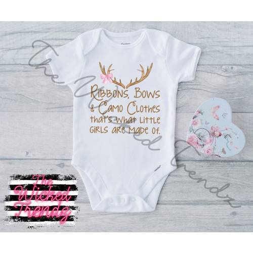 Baby Gerber Onesie© Ribbons Bows and Camo Clothes That's What Little Girls Are Made Of Hunting Antlers Country Baby Shower Gift Baby Girl