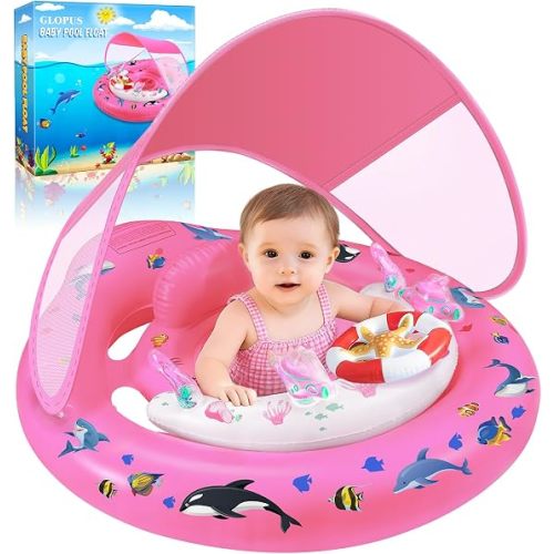 Baby Pool Float with Canopy, Infant Pool Float for 6-36 Months, Baby Swimming Float, Toddler Pool Floats with UPF50+ Sun Protection Canopy & Toy Play Console, Adjustable Safety Seat