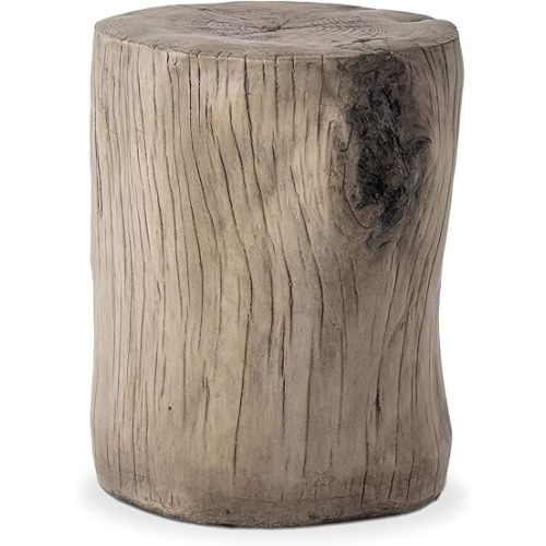 COSIEST Outdoor Antique Gray End Table Faux Wood, Hand-Painted Wood Stump Stool, Ottoman or Plant Stand, Deck or Garden