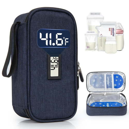 SUNMON Breast Milk Cooler Travel Bag, Real-Time Temperature Display, Holds 4-6 Breastmilk Storage Bag with 2 Ice Pack, Waterproof Cooler(Navy Blue)