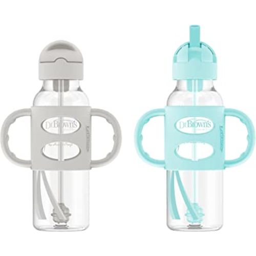 Dr. Brown's Milestones Narrow Sippy Straw Bottle, Spill-Proof with 100% Silicone Handles and Weighted Straw, 8 oz/250 mL, Gray & Green, 6m+