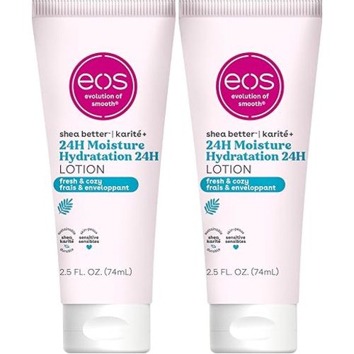 eos 24H Moisture Travel Body Lotion- Fresh & Cozy,Travel Size Essential,Toiletries,Mini Body Lotion,2.5 fl oz,(Pack of 2)