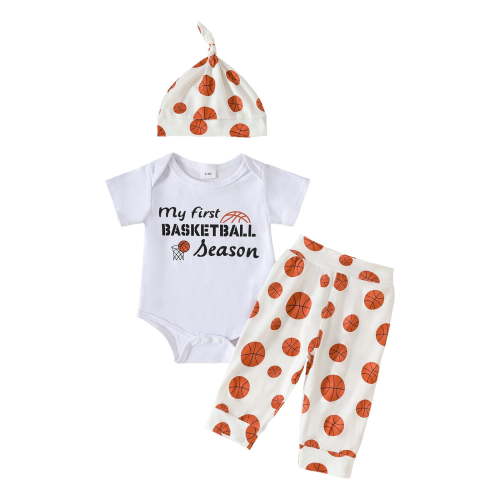 UAYOTSE My First Basketball Season Baby Boy Girl Outfit Letter Short Sleeve Romper Pants Hat Set Summer Clothes(0-3 Months,White)