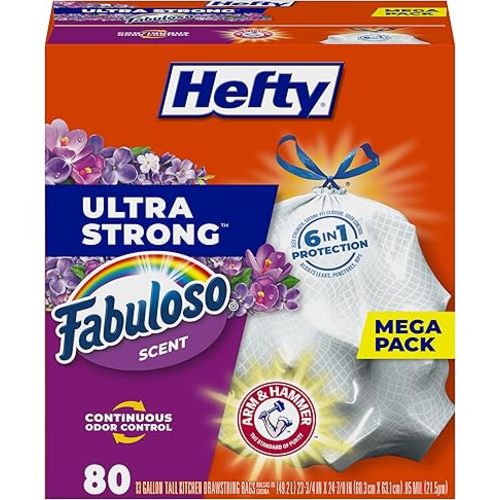 Hefty Ultra Strong 13 Gallon Trash Bags, Tall Kitchen Trash Bags 13 Gallon Size, Resist Leaks, Punctures, and Rips, Continuous Odor Control, White, Fabuloso Scent, 80 Bags