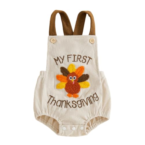 Baby Boy Girl Thanksgiving Outfit Sleeveless Corduroy Overall Bubble Romper | Newborn Infant Baby Boy Girl Thanksgiving Outfit Turkey Letter Embroidery Sleeveless Corduroy Romper Overalls Bodysuit