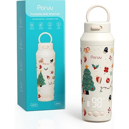 Paruu Portable Bottle Warmer for Travel, Easy-Clean Wide Mouth, Portable Milk Warmer with Fast Heating for Night Feeding, 7-Temp Control, Large 12oz Capacity, Christmas Limited Edition, Beige