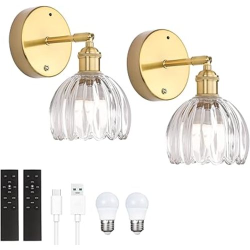 Battery Operated Vintage Wall Sconces with Transparent Tulip Glass Lampshade Battery Powered Wall Lighting for Bedside Bedroom Doorway, Set of 2