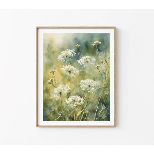 White Wildflowers Print Queen Anne's Lace Painting Blue Green Summer Field Watercolor Meadow Wall Art Large Floral Artwork