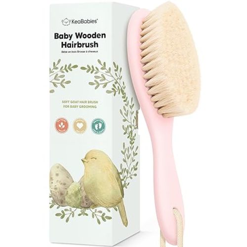 Wooden Baby Hair Brush - Cradle Cap Baby Brush with Soft Goat Bristles, Perfect Gentle Scalp Newborn Comb for Infant, Girls, Boys, Bath Essentials (Blush, Regular)