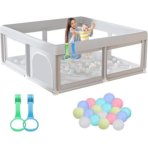 Hiaksedt 50 x 50 inch Baby Playpen with Ocean Balls and Pull Rings, Playpen for Babies and Toddlers, Baby Fence Playards, Safe Structure and Soft, Skin-Friendly Fabric with Zipper Gates.