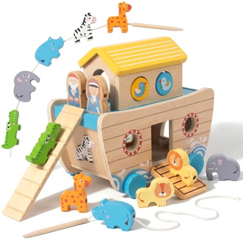 WOODENFUN Wooden Noah's Ark Toy for Toddlers, Baptism Christening Gift | Montessori Educational Toy, Animal Shape Sorter, Christian Toys, Birthday Gift for Boys Girls 3 Years Old