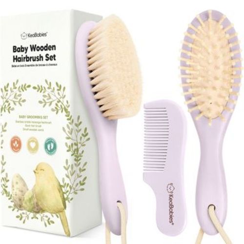 Baby Hair Brush and Comb Set, Oval Wooden Baby Brush Set for Newborns, Infant, Toddler Grooming Kit (Oval, Thistle)