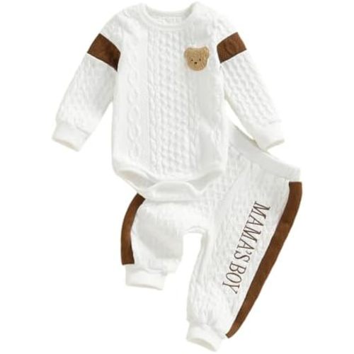 SAYOO Infant Baby Boy Clothes 3 6 12 18 Months Fall Winter Outfit Bear Romper Mama's Boy Embroidery Pants 2Pcs Tracksuit