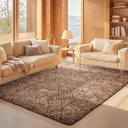 Ophanie Brown and White Diamond Striped Rugs for Living Room 5x7, Fluffy Shag Large Fuzzy Plush Soft Carpets, Shaggy Rugs for Bedroom, Carpet for Kids Boys Girls Dorm Nursery Home Decor Aesthetic