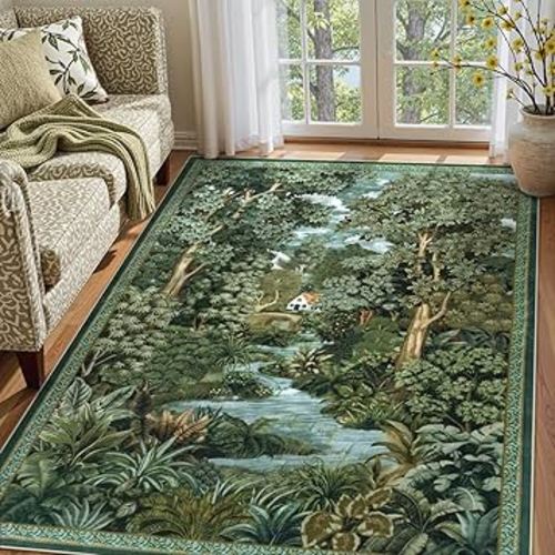 LIVEBOX Washable Green 5x7 Area Rugs for Living Room, Non Slip Soft Low Pile Vintage Farmhouse Jungle Boys Kids Rugs for Bedroom, Whimsical Carpet Rugs for Nursery Dining Room(Green,5'x7')