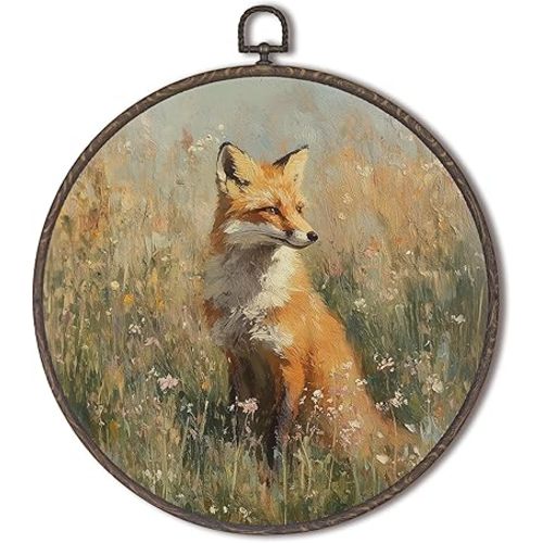 XNXLDYLH Vintage Fox Nursery Round Framed Wall Art Decor, Rustic Woodland Gender Neutral Nursery Hanging Wall Decor Decorations, Farmhouse Cottagecore Canvas Prints Wall Art Paintings, 10x10 Inches