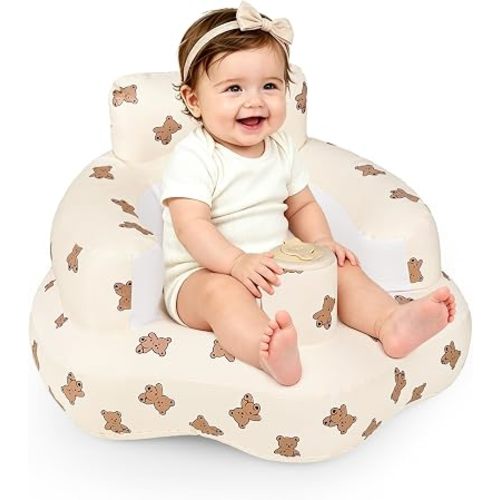 Inflatable Baby Seat for Babies 3-24 Months, Blow Up Baby Floor Seat in Air Pump, Inflatable Sit Me Up Seat for Baby Girls & Boys, Brown Bear