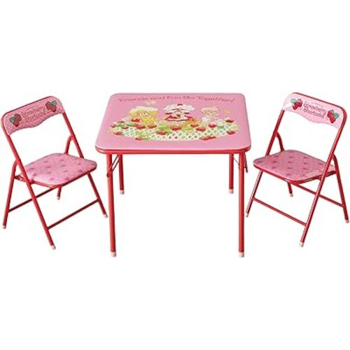 Idea Nuova 3-Piece Furniture Set with 1 Square Table & 2 Folding Chairs for Kids, Strawberry Shortcake