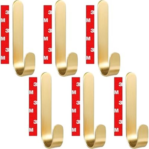 6 Self Adhesive Wall Hooks for Hanging Towels | Nailless Hooks for Shower Tile, Damage Free, Multi Purpose [Stronger Adhesive] (Gold)