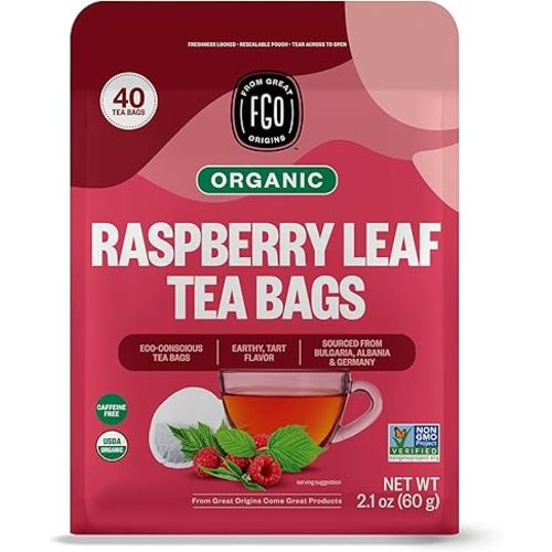 FGO Organic Red Raspberry Leaf Herbal Tea, 40 Count, Eco-Conscious Tea Bags, Caffeine Free (Pack of 1)