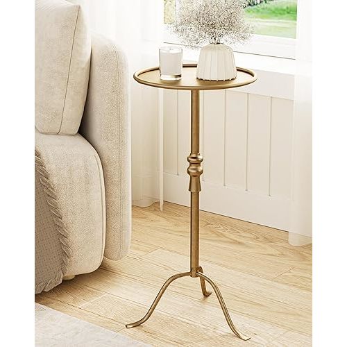 Brass Distressed Iron Round Pedestal End Table, 25 Inch Vintage Martini Cocktail Accent Table with Tray Top for Living Room, Bedroom (Bronze)