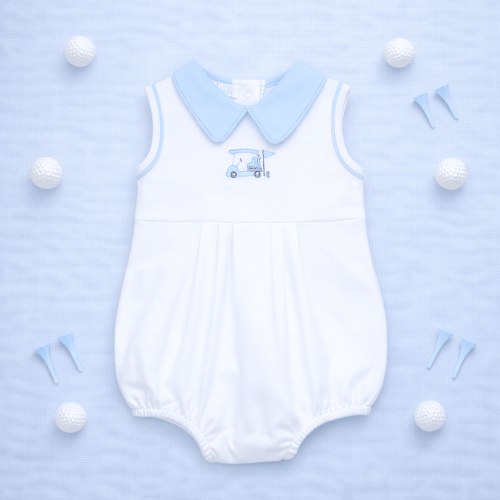 Little Golfer Hand-Embroidered Collared Bubble - Light Blue