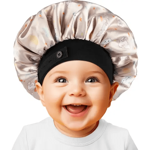 Bonnet, Soft Silk Satin Bonnet for Girls Boys Infant, Double Layer & Wide Elastic Band Kids Sleeping Cap, Adjustable Night Hat for Toddler Child Natural Hair Curly Hair (Champagne Bunny)