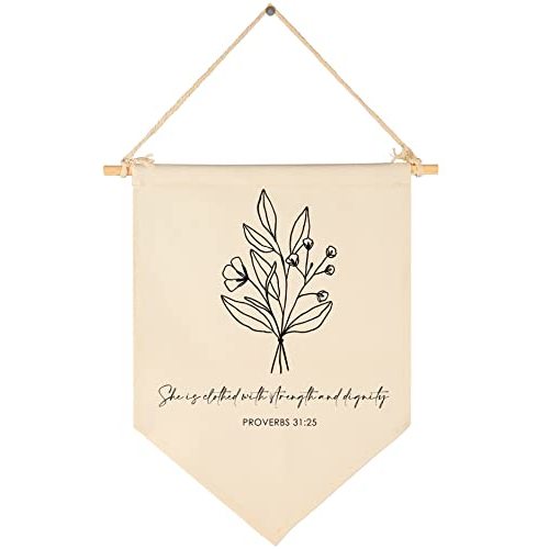FYSIA Botanical Wall Art - Canvas Pennant Flag Banner - Proverbs 31:25 - Wall Decor for Nursery, Bedroom, Playroom - Lightweight, Unframed, Indoor