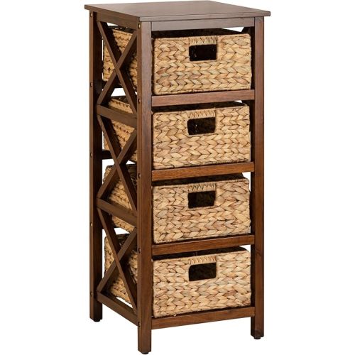 eHemco 4 Tier X-Side End Storage Cabinet with 4 Wicker Baskets, Walnut