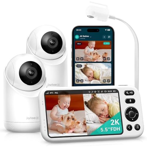 Jartoo Smart Baby Monitor with 2K 2 Cameras & Mount, 5.5" Screen, Hybrid Wi-Fi and No Wi-Fi Connection, Long Range, AI-Powered Detection, Free App & 24/7 Recording, ANR