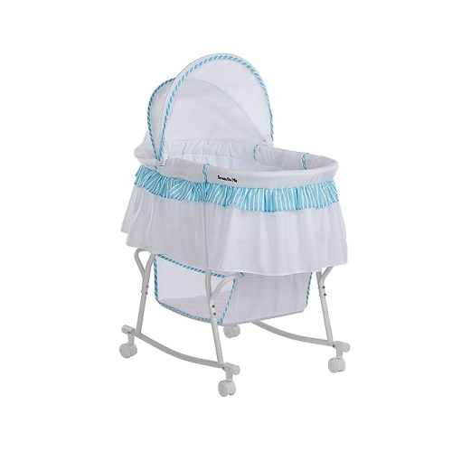Dream On Me Lacy Portable 2-in-1 Bassinet & Cradle with Full Canopy, Storage Basket, Locking Wheels, Lightweight Frame, JPMA & BSA Certified, Includes 1” Mattress Pad -Blue and White
