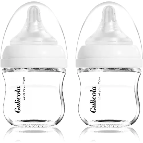 Gulicola Small Glass Baby Bottle for Newborn Breastfeeding Babies, Preemie & Extra Slow Flow Nipples (SS), Anti-Colic, Breast-Like, 0 Months+, 3 oz, 2 Pack - White