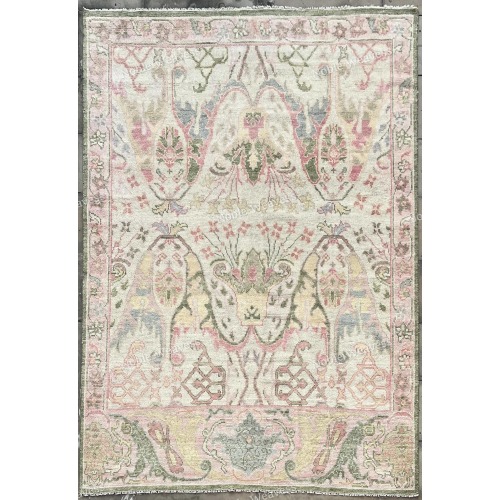 4x6ft Hand Knotted Oushak Rug — Ivory Blush Pink Sage Green Blue