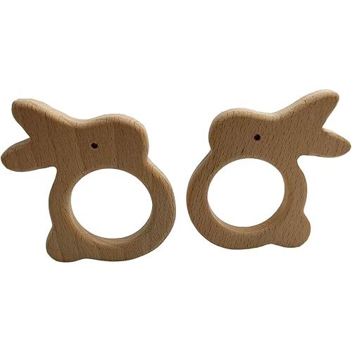 2pcs Baby Wood Teething Rings Pain Relief Natural Wood Rabbit Toys Unfinished Wooden Teether Animals for Infant Toddler Shower Toys (rabbit 2pcs)