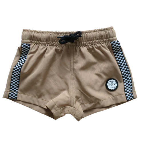 Light Brown Checkered Stripe Little Surfer Dude Swim Trunks