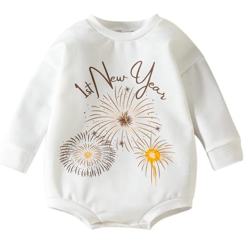 Saliuentm My First New Years Baby Boy Girl Outfit Letter Sweatshirt Romper Long Sleeve Onesie Newborn New Years Eve Clothes(N-Cotton White Fireworks,0-3 Months)